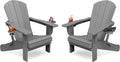 KINGYES Folding Adirondack Chair Set of 2, Dual Cup Holders & All-Weather HDPE, Wood-Like Patio Chair for Backyard, Camping, Pool & Fire Pit, Grey