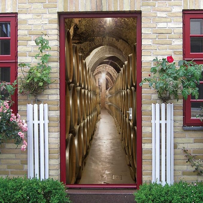 3D Door Stickers Murals Peel and Stick - Wine Cellar - Door Wallpaper Self-Adhesive Door Decals Removable PVC Waterproof Door Poster for Bedroom Living Room Door 31.5" x 78.7"