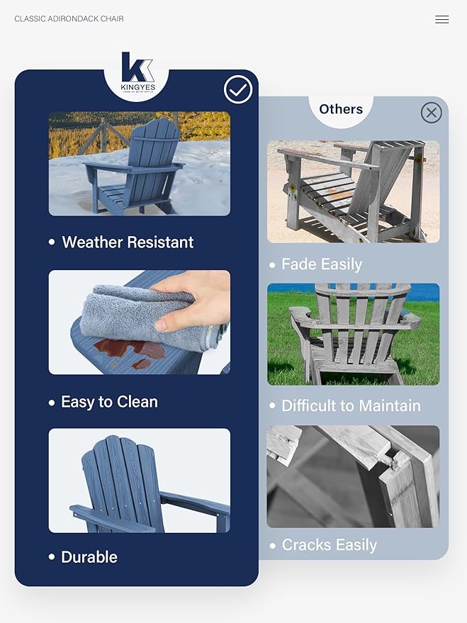 KINGYES HDPE Adirondack Chair, Classic All-Weather Adirondack Chairs Set of 8, Outdoor Patio Adirondack Chair for Deck Lawn fire Pit, Navy