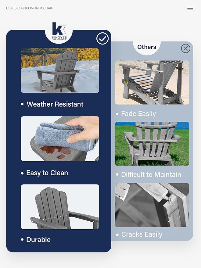 KINGYES HDPE Adirondack Chair, Classic Oversize Adirondack Chair, Grey