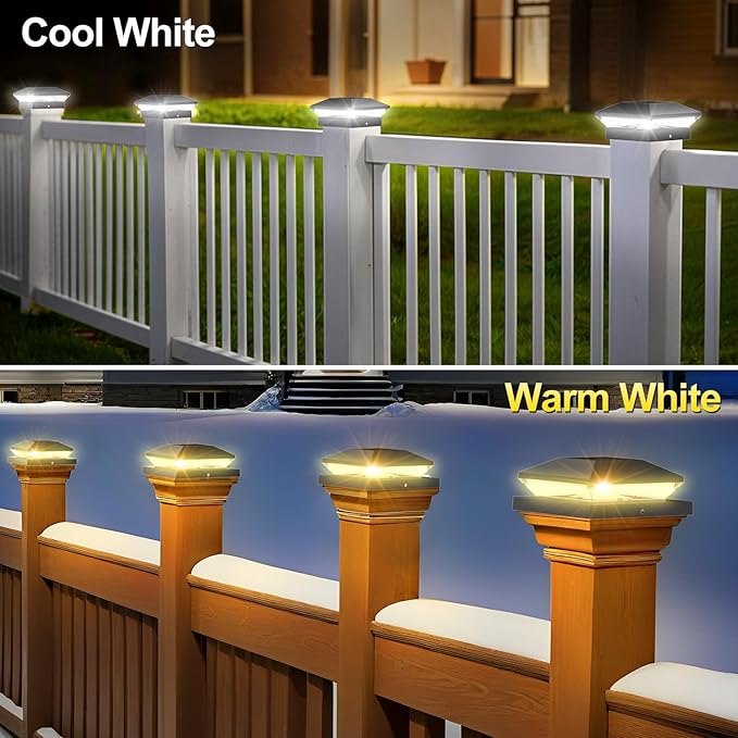 T-SUN Solar Post Cap Lights for 4x4/5x5/6x6 Posts (Wooden/Vinyl) | Waterproof Outdoor Solar Post Lights with Dual-Color Modes | Fence, Deck, Porch & Garden Lighting (6-Pack, Black)