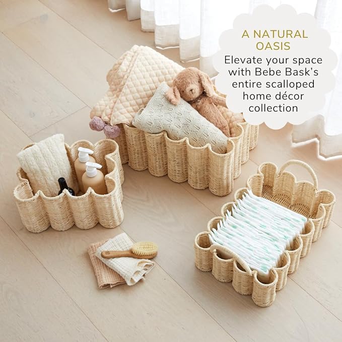 BEBE BASK Unique Wavy Scalloped Basket Set Of 2 - Scallop Basket - 16 x 10 x 7 In - Hand-Woven Elegant Wicker With Scalloped Edge Lid - Nursery Storage - (Earthy)