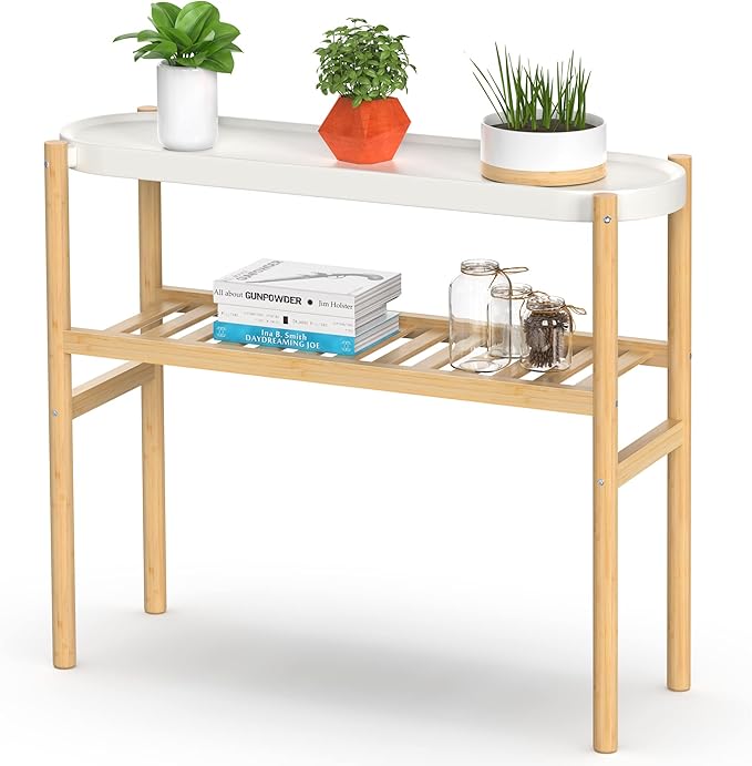 Bamboo Plant Stands Indoor, 2 Tier Steel Tray Tall Corner Plant Stand Holder & Plant Display Rack for Outdoor Garden Indoor Home (1 - 2 Tier)