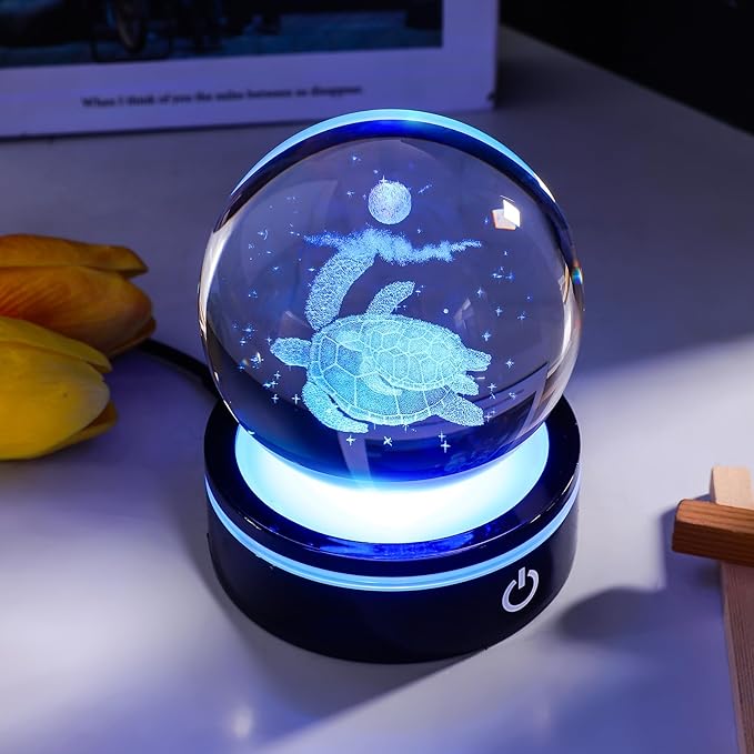 YWHL 3D Sea Turtle Crystal Ball Figurine with LED Base Laser Sea Turtle Gifts for Women Men on Christmas Birthday Decorative Turtle Ball Sea Turtle Glass Globe Night Light for Home Decor (80mm)