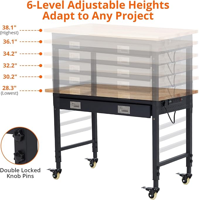48x24 Inch Heavy-Duty Adjustable Workbench with Rubber Wood Top – 2000LB Capacity Mobile Garage Workstation with Drawer, Ideal for Workshop, DIY & Tool Storage