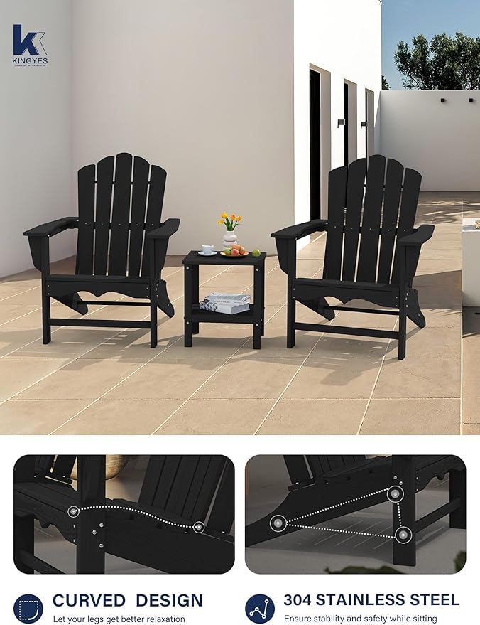 KINGYES HDPE Adirondack Chair, Classic All-Weather Adirondack Chair Set of 6, Black