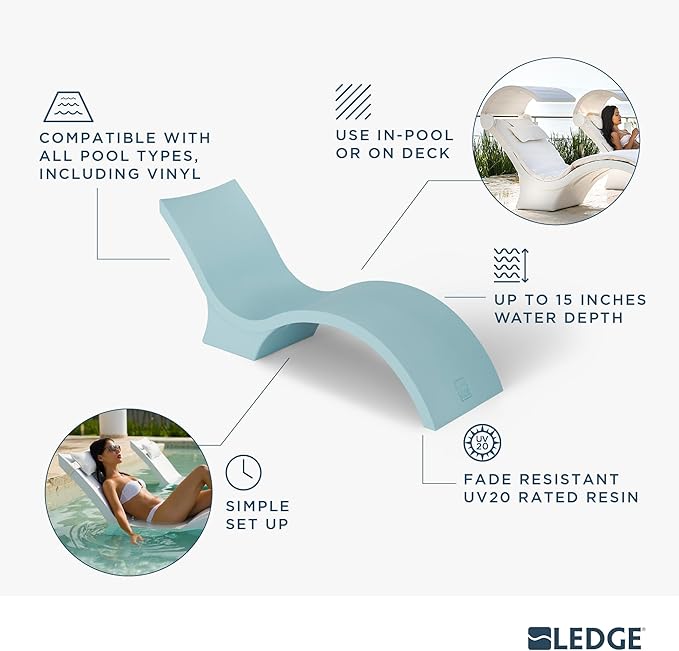 Ledge Lounger - Signature Chaise Deep - Inside Pool & Sun Shelf Lounge Chair - Designed for Deep Shelves 10”-15” - Compatible with All Pool Types - Poolside & Sun Deck Tanning - Set of 2 - White