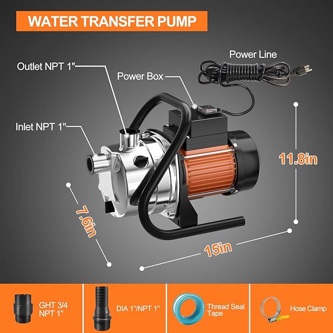 1.6 HP Portable Water Transfer Pump 1800 GPH Shallow Well Pump Garden Booster Sprinkler Pumps for Irrigation Lawn Farm Water Removal with Adapters, Orange