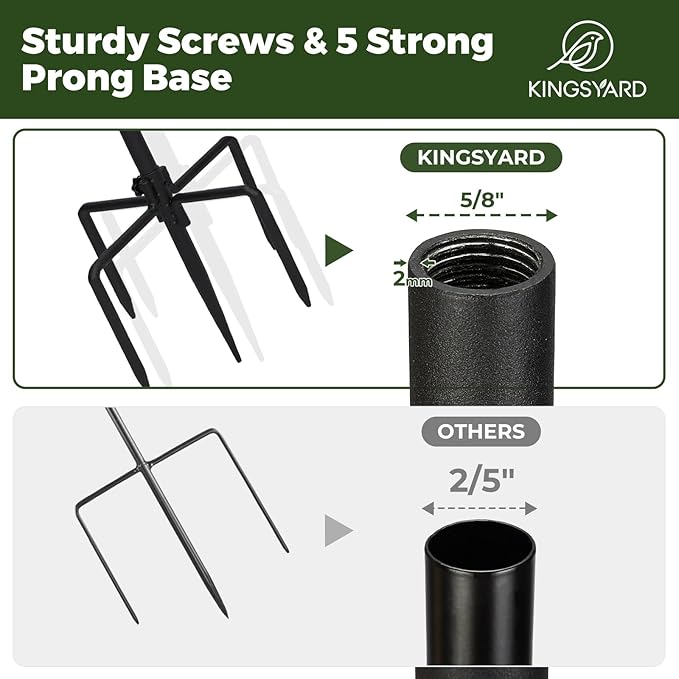Kingsyard Adjustable Shepherd Hooks for Outdoor - Heavy Duty Bird Feeder Pole with 5 Prong Base, Garden Plant Hanger, Weddings Decor, Solar Light Lanterns, 108 inch