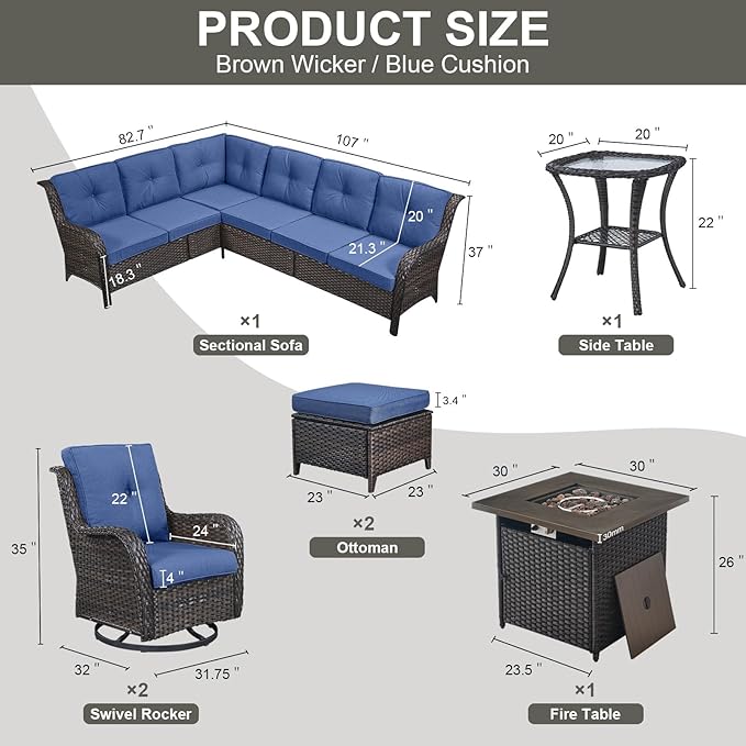 Outdoor Sectional Furniture Sofa Set with Propane Fire Pit Table, Wicker Patio Conversation Set with 2 Swivel Rocker Glider Chairs Blue Cushion Perfect for Backyard Casual Gathering