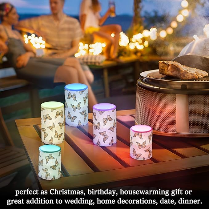 Flickering Flameless Candles, Monarch Butterflies LED Candles with Remote Timer, Set of 2 Battery Operated Candle for Valentine Wedding Birthday