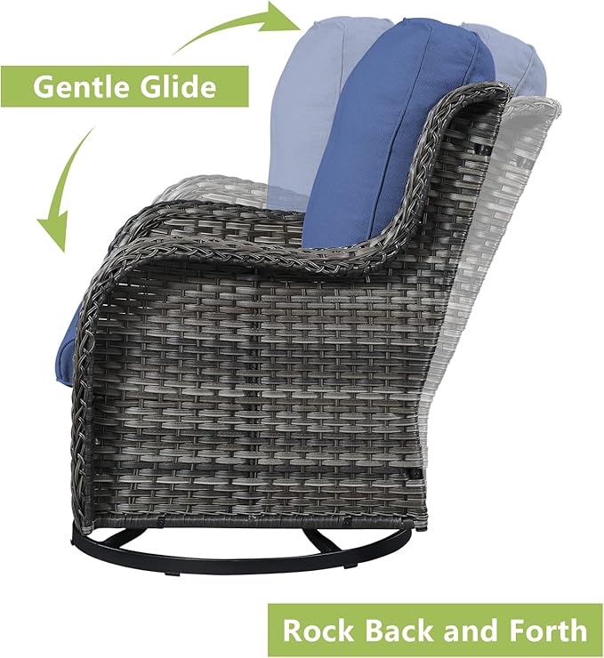Outdoor Wicker Patio Furniture Set - 5 Piece Rattan Patio Conversation Set with 2 Rocking Swivel Chairs,2 Ottomans and 1 Sofa for Porch Deck Backyard Garden(Mixed Grey/Blue)