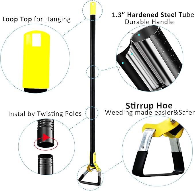 DonSail Hoe Garden Tool - Scuffle Garden Hula Hoes for Weeding Gardening Long Handle Heavy Duty - Adjustable Weeding Loop Stirrup Hoe 30-70 Inch Black