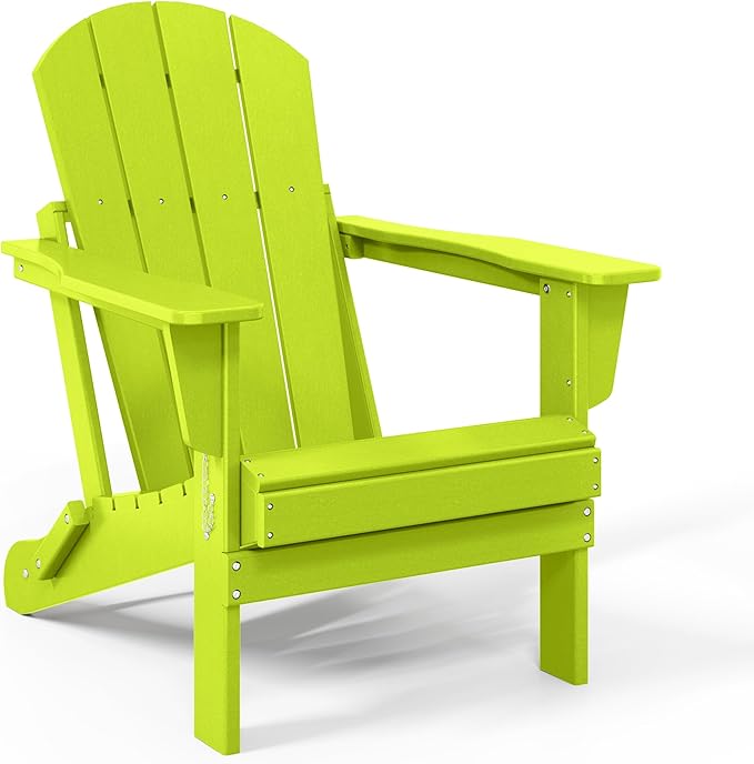 WO Home Furniture Adirondack Chairs Table Set of 3 PCS Outdoor Folding Chairs Side End Table Weather/UV Resistant for Lawn, Garden, Bon Fire, Balcony (Lime)