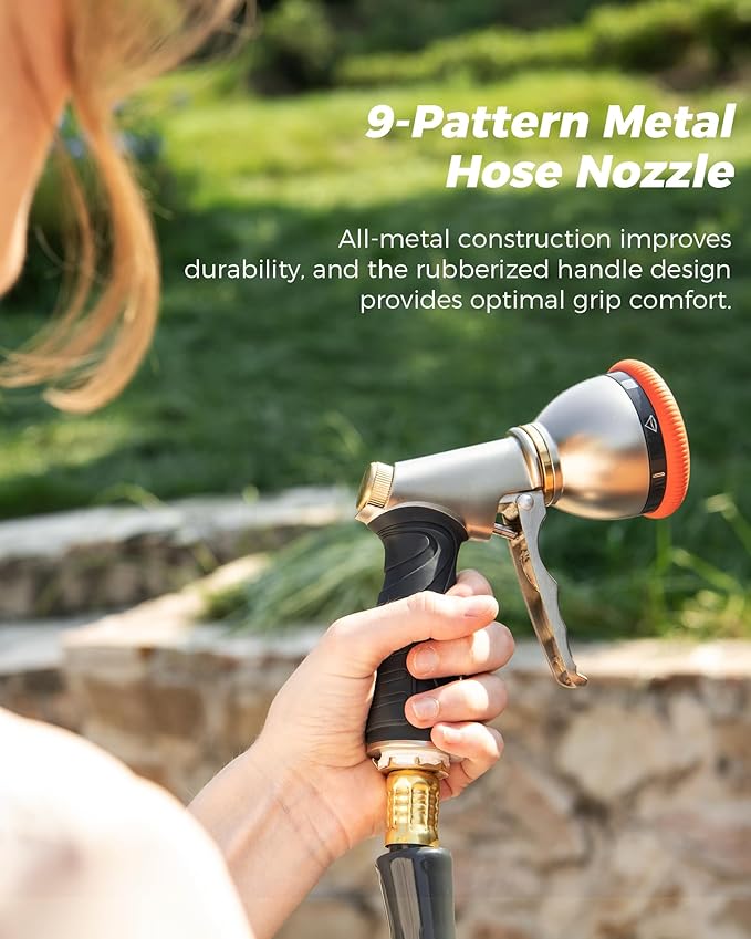 Retractable Garden Hose Reel 1/2 in x 100 ft Professional Metal Bracket & 9-Pattern Metal Nozzle UV Resistant Brass Fitting Heavy Duty Wall Mount Any Length Lock Slow Retraction 180° Swivel