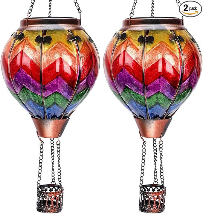 2PC Hot Air Balloon Solar Lantern, Wavy-Colorful Flickering Flame Hanging Solar Lanterns Outdoor Lights Waterproof Lanterns Decorative Garden Patio Yard Party Decor with 2PC Shepherd Hook