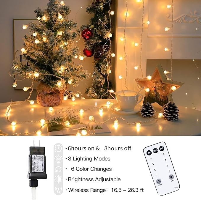 Globe String Lights 65.6 Feet 150 LED, Plug in Crystal Fairy String Lights with Remote Timer, 8 Modes Indoor Outdoor Hanging Globe Lights for Wedding Bedroom Classroom Patio Garden