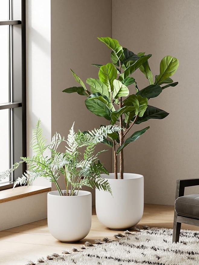 LE TAUCI 10 Inch Plant Pot, Ceramic Pots for Plants with Drainage Hole and Rubber Plug, Plant Pots Indoor for Olive Tree, Cylinder Planter Pot for Home Patio Office, White