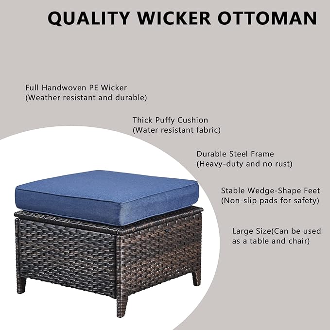 Outdoor Wicker Patio Furniture Set - 6 Piece Rattan Patio Conversation Set with 2 Rocking Swivel Chairs,2 Ottomans,1 Sofa and 1 Coffee Table for Porch Deck Backyard Garden(Brown/Blue)