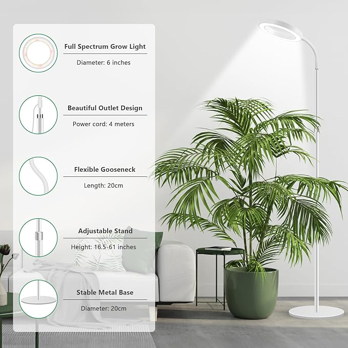 Floor Grow Lights for Indoor Plants, Full Spectrum Plant Light with 68" Stand for Growing Large Tall Plants, Halo Plant Grow Light with 6/12/16H Timer, 3 Light Modes Indoor Plant Light