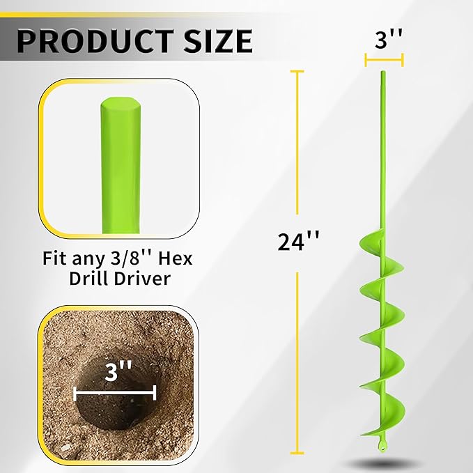 Auger Drill Bit for Planting - 3 x 24 inch Plant Auger for Cordless Drill - Bulb Planter Tool for Bulbs Planting&Holes Digging - 3/8" Hex Drive Drill