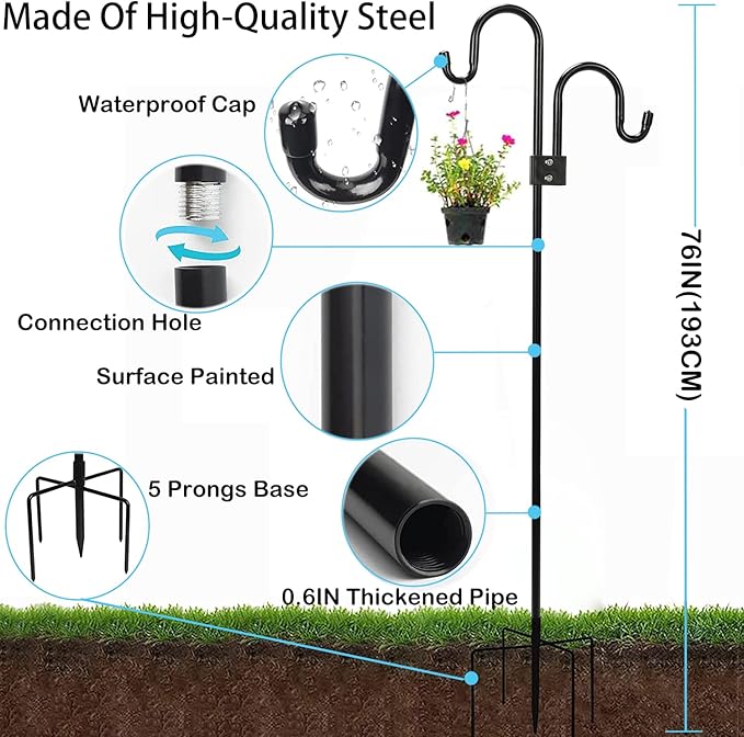 Double Shepherds Hooks For Outdoor 108 Inch, Heavy Duty Metal Bird Feeder Pole Stand With 5 Base Prongs, 28.5 To 108 Inch Adjustable Garden Holder For Hanging Plant, Wind Chimes, Wedding Garden Etc