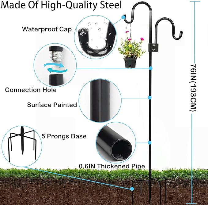 Double Shepherds Hooks For Outdoor 76 Inch, Heavy Duty Metal Bird Feeder Pole Stand With 5 Base Prongs, 28.5 To 76 Inch Adjustable Garden Holder For Hanging Plant, Wind Chimes, Wedding Garden Etc