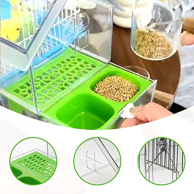 Ziveseller/Sowhathow Pull-Out External Parrot Feeder, Parrot Feeder Parakeet House Bird Bath Transparent Dish Water, Hanging Wild Bird Seed with Squirrel Proof Tray (Green)