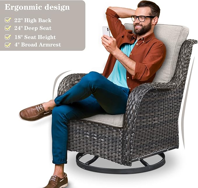 Outdoor Swivel Rcoker Patio Chairs - Outdoor Swivel Patio Chairs Set of 2 Wicker Chair Patio Furniture Sets with Covered Cushion for Porch Deck Balcony Garden, Beige