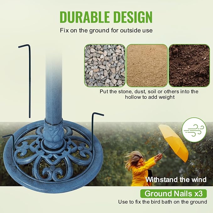 Backyard Expressions Outdoor Garden Bird Bath - Blue - Weather Resistant Polyresin - 27 Inch