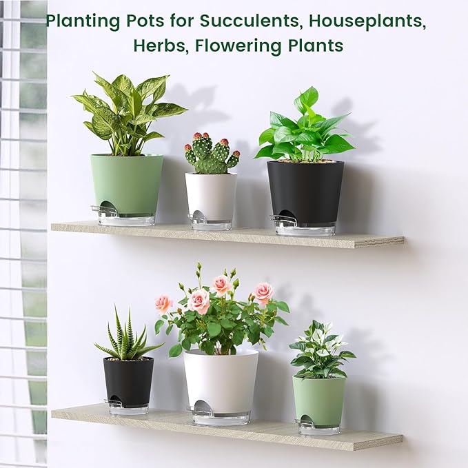 4 inch Self Watering Pots for Indoor Plants, 5 Pack Small Flower Plant Pots with Drainage Holes and Clear Reservoirs, Visible Water Level, Plastic Planters with Wicking Rope, White