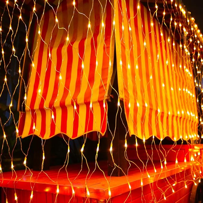 Joomer 12ft x 5ft 360LED Orange Halloween Net Lights Outdoor Mesh lights, 8 Modes Timer Connectable Waterproof Bush Lights Mesh Netting Lights for Halloween Outdoor Decorations (Clear Wire)