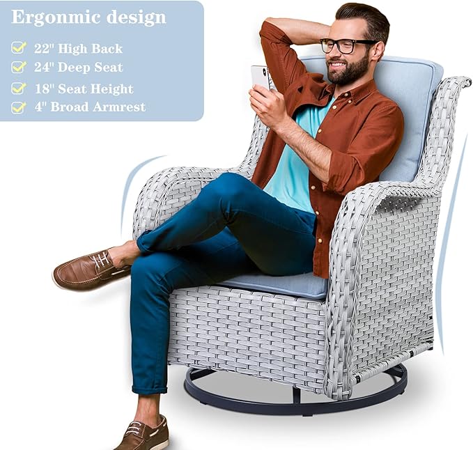 Outdoor Swivel Rocker Furniture 5 Pieces Patio Wicker Furniture Sets, Rattan Patio Swivel Glider Chairs with 2 Ottoman and Glass Side Table