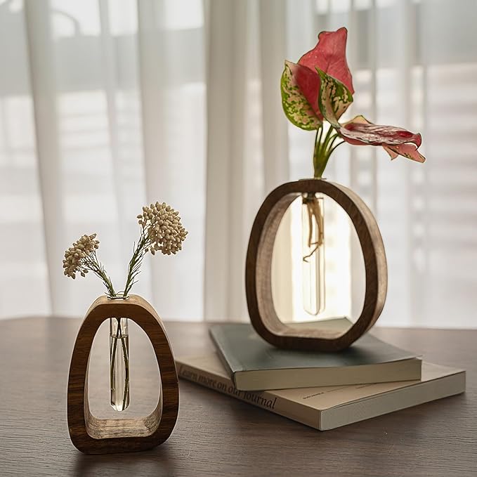 Solid Wood Frame Glass Test Tube Vase Desk Hydroponic Plant, Enhances Home and Office Environment, Small Size (Small)