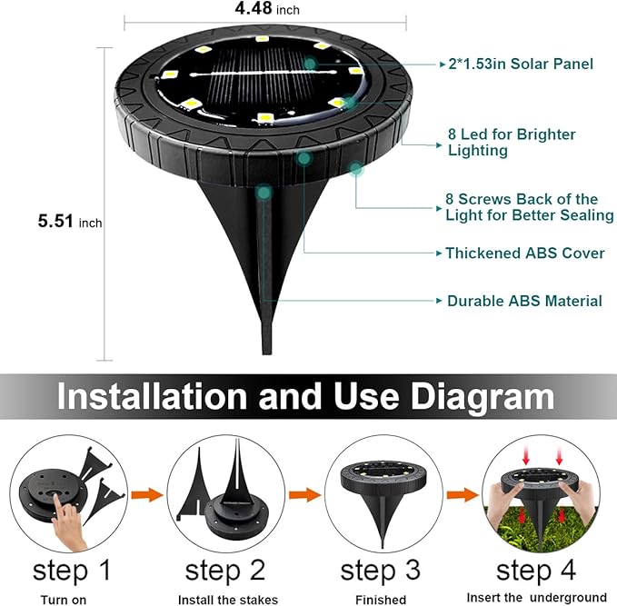 Solar Powered 8 Pack Outdoor LED Disk Lights - IP68 Waterproof, Non-Slip, Wear-Resistant Pathway Lights (Warm White)