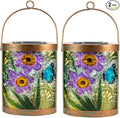 Starsoul 2 Pack Hanging Solar Lantern Outdoor Waterproof Glass Butterfly and Flowers Decorative Solar Lights for Outside Garden Yard Table Patio Decor