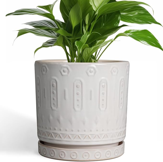 Ceramic Planter for Indoor Plants - 8 Inch Plant Pot Outdoor Flower Pot with Drainage Holes and Saucer Modern Round Planter Succulent Pot for Home Garden Decor White