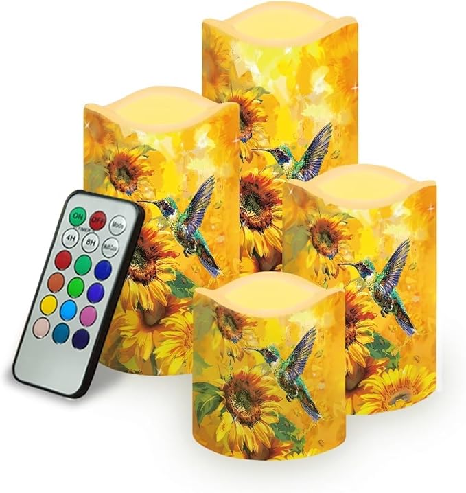 Ystardream Flameless Candle Valentine Candles Hummingbird Unity Candles for Wedding Ceremony Set with Remote and Timer Battery Operated Realistic LED Window Candles Dinner Wedding Sunflower Print