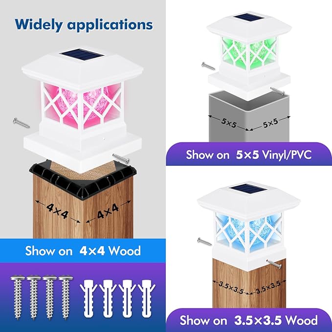 TWINSLUXES Solar Post Cap Light Outdoor, Waterproof LED Fence Post Solar Light, Solar Post Light, 3.5x3.5/4x4/5x5 Post for Patio, Deck Garden Decoration, Wooden or Vinyl Fence Deck Post