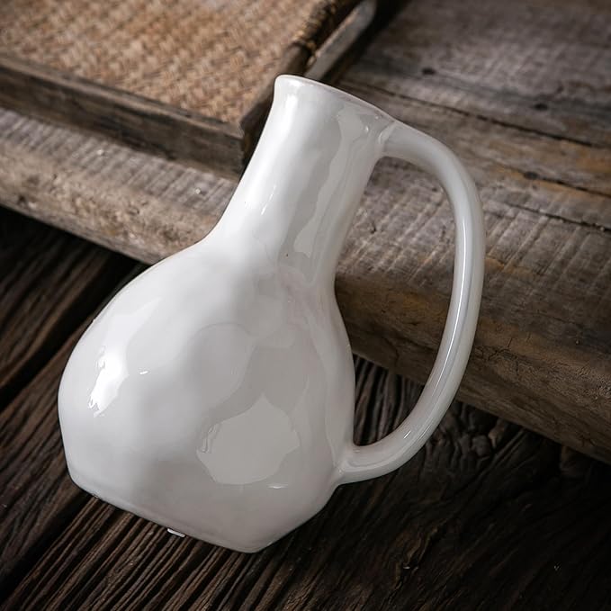 White Ceramic Vase with Big Handles, Modern Farmhouse Decor, Rustic Pottery for Flowers, Decorative Terracotta Centerpiece for Dining Table
