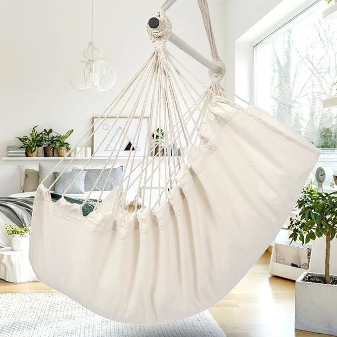 Y- STOP Hammock Chair Hanging Rope Swing Chair, Max 500 Lbs, 2 Seat Cushions Included, Removable Steel Spreader Bar with Anti-Slip Rings for Indoor or Outdoor(Beige)
