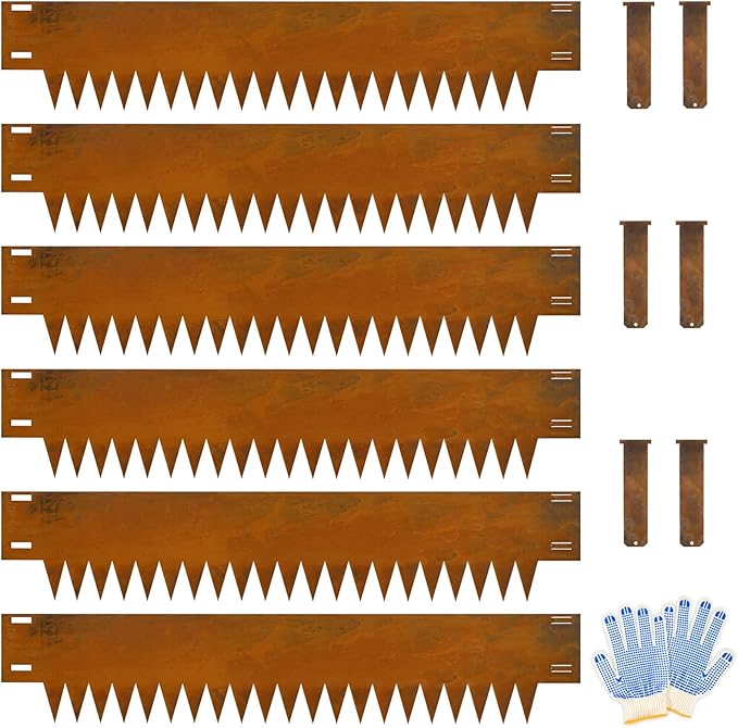 Co rten Steel Landscape Edging 10 Inch Tall 6 Packs, Pre-Rusted Metal Garden Edging with 6 Clips and a Pair of Gloves, Steel Edging for Landscaping, Garden