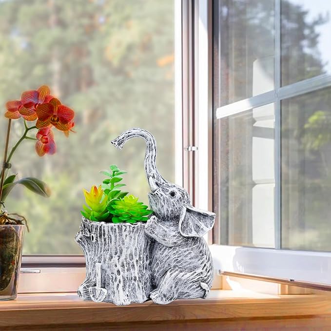 Elephant Gifts for Women Succulent Pots Indoor Elephant Planters for Plant Lovers Cute Outdoor Plant Pots Outdoor Garden Animal Decor Elephant Hug Stump Statue with Drainage Hole