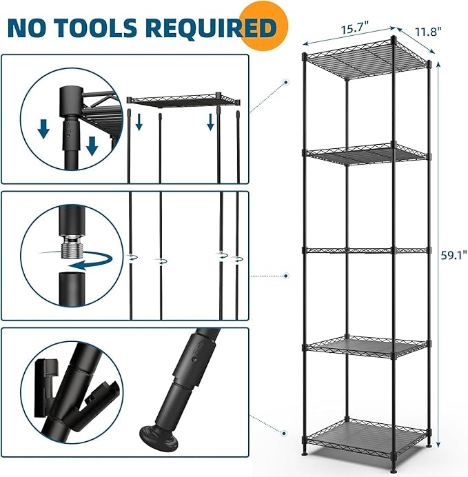 Barrina Plant Shelf with Grow Light, 5-Tier, Plant Stand with 40W Ultra-Thin Grow Light Panel for Hydroponics, Seedlings, Succulents, Flowers, Veg, 3/6/12h Timer, 15.7" L x 11.8" W x 59.1" H