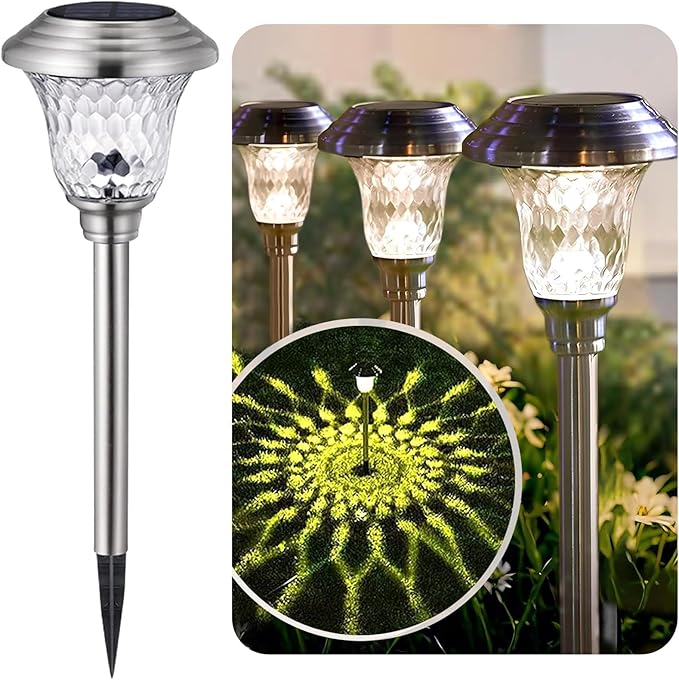 Beau Jardin 4 Pack Solar Pathway Lights Outdoor Stainless Steel Lights Solar Powered Waterproof Glass High Lumen Garden Landscape Path Yard Walkway Driveway Outside Color Changing Cool White Silver