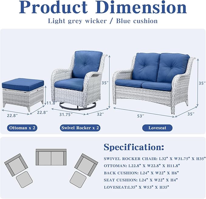 5 Piece Outdoor Patio Furniture Set - Patio Wicker Furniture Conversation Set, Outdoor Swivel Rocker Chairs with Loveseat Sofa and 2 Ottomans for Small Space, Blue Cushion