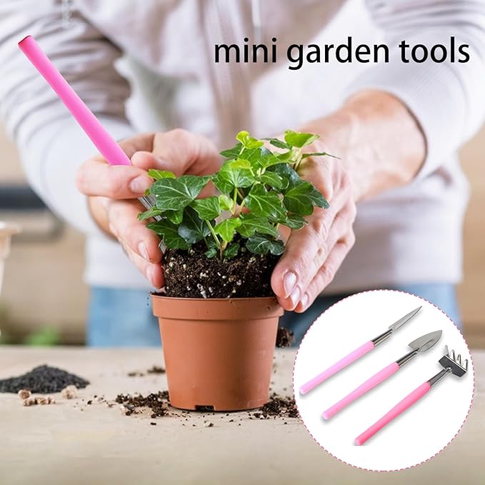Mini Gardening Tools, 3Pcs Stainless Succulent Tools Kit Shovel Rake Trowel, 2 Colors Hand Shovel for Gardening for Indoor Small Plants, Succulents, Potted Plants, Bonsai (Blue)