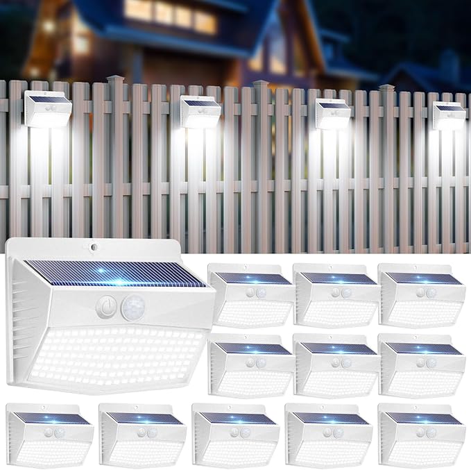 [12 Packs] Solar Outdoor Lights Motion Sensor Solar Security Lights Waterproof with 3 Lighting Modes Solar Powered Wall Lights Outside for Garden Fence Yard,White