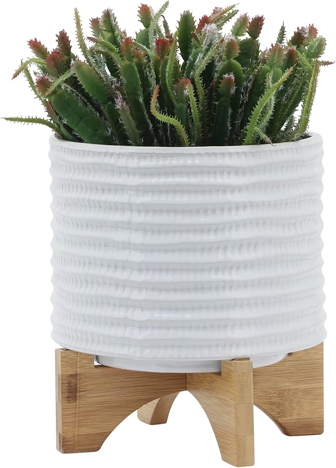 8" Ceramic Planter Stand, White with Wooden Base, Indoor/Outdoor Planter with Stand for Your Succulents and Small Plants, White Planter