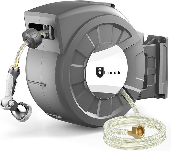 Retractable Garden Hose Reel, 1/2 in x 125 ft Wall Mounted Hose Reel, 10-Pattern Spray Nozzle, Any Length Lock/Slow Return System/Wall Mounted/180°Swivel Bracket